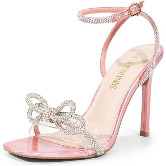 Shoes - Women's Double Bowknots Crystal Sandals Clear Sling back Heels Square Toe Shoes